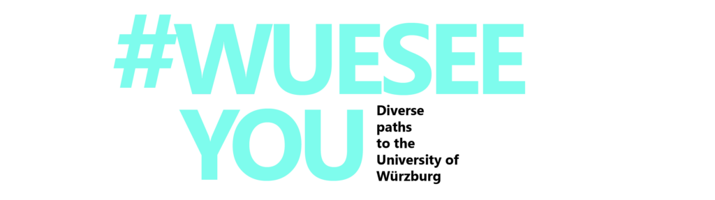 Logo: #WueSeeYou - diverse paths to the University of Würzburg (blue)
