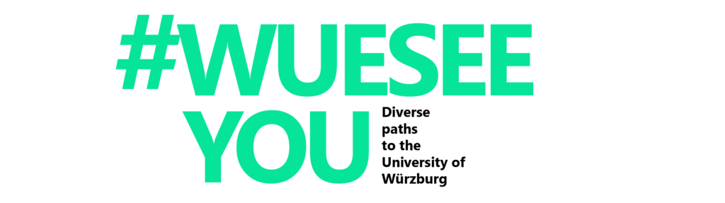 Logo: #WueSeeYou - diverse paths to the University of Würzburg (green)