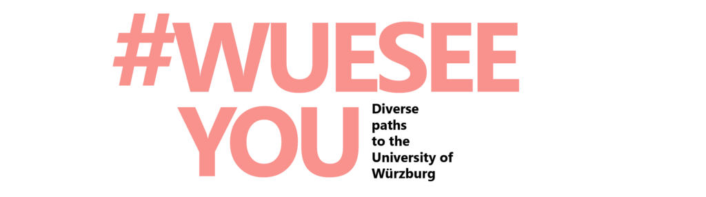 Logo: #WueSeeYou - diverse paths to the University of Würzburg (red)